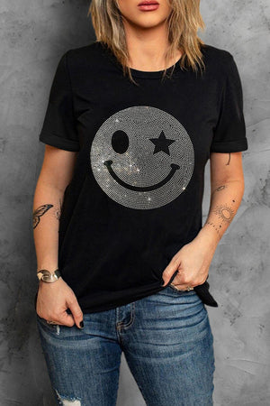 Rhinestone Smiley Round Neck Short Sleeve T-Shirt - PD SECRET REALM