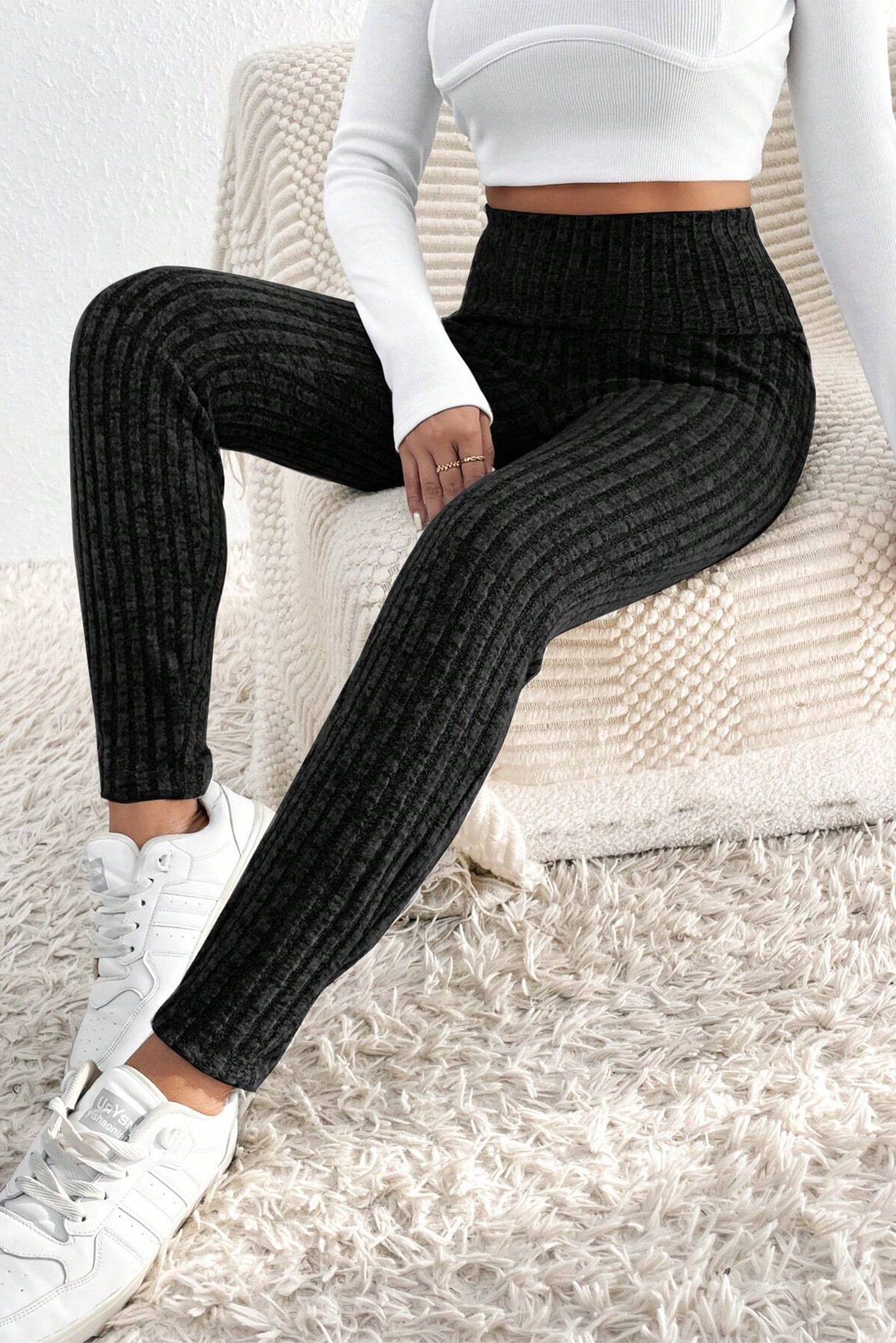 Dark Grey Wide Waistband Ribbed Textured Knit Leggings