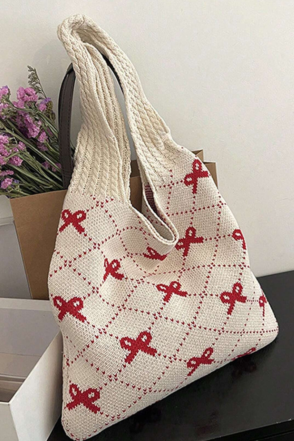 Fiery Red Bow Argyle Pattern Cable Knit Shoulder Bag