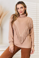 Woven Right Turtleneck Fringe Front Long Sleeve Sweater - PD SECRET REALM