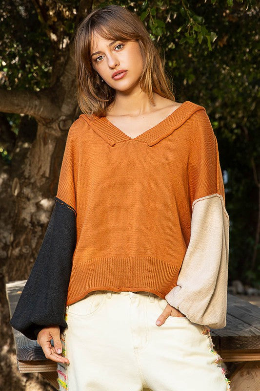 Exposed Seam Roll Edge Color Block V Neck Sweater