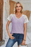 Eyelet V-Neck Lace Short Sleeve T-Shirt - PD SECRET REALM