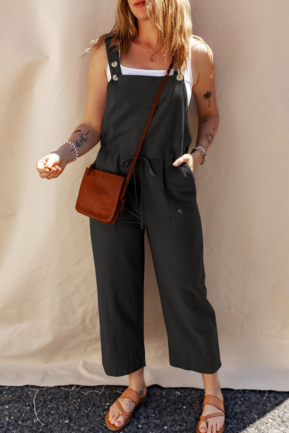 Drawstring Wide Strap Overalls with Pockets