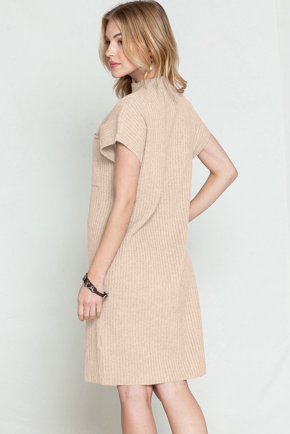 Blackish Green Patch Pocket Knit Short Sleeve Sweater Dress