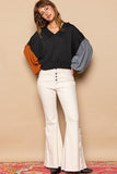 Exposed Seam Roll Edge Color Block V Neck Sweater - PD SECRET REALM