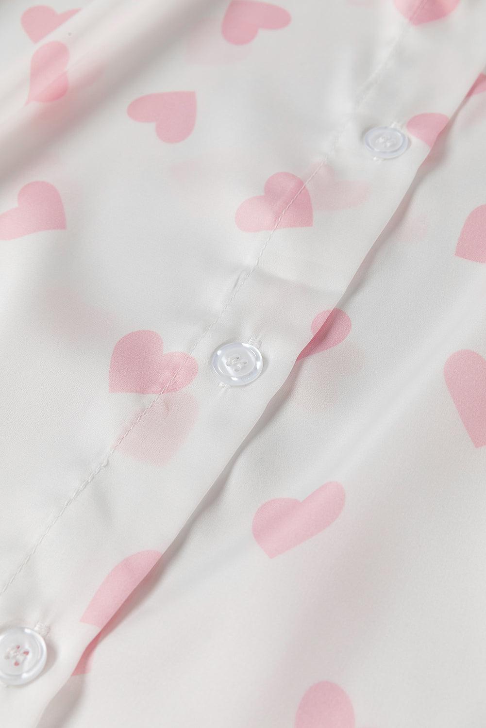 Heart Print Collared Neck Long Sleeve Shirt - PD SECRET REALM