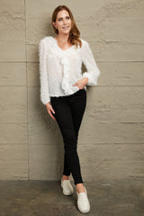 Ivy Lane Ruffle Hem Fringe V-Neck Balloon Sleeve Blouse