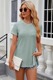 Eyelet Slit Round Neck Short Sleeve T-Shirt - PD SECRET REALM