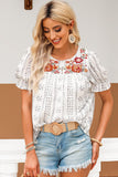 Embroidered Round Neck Flounce Sleeve Blouse - PD SECRET REALM