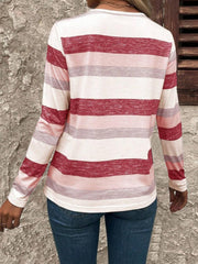 Contrast Striped V-Neck Long Sleeve T-Shirt - PD SECRET REALM