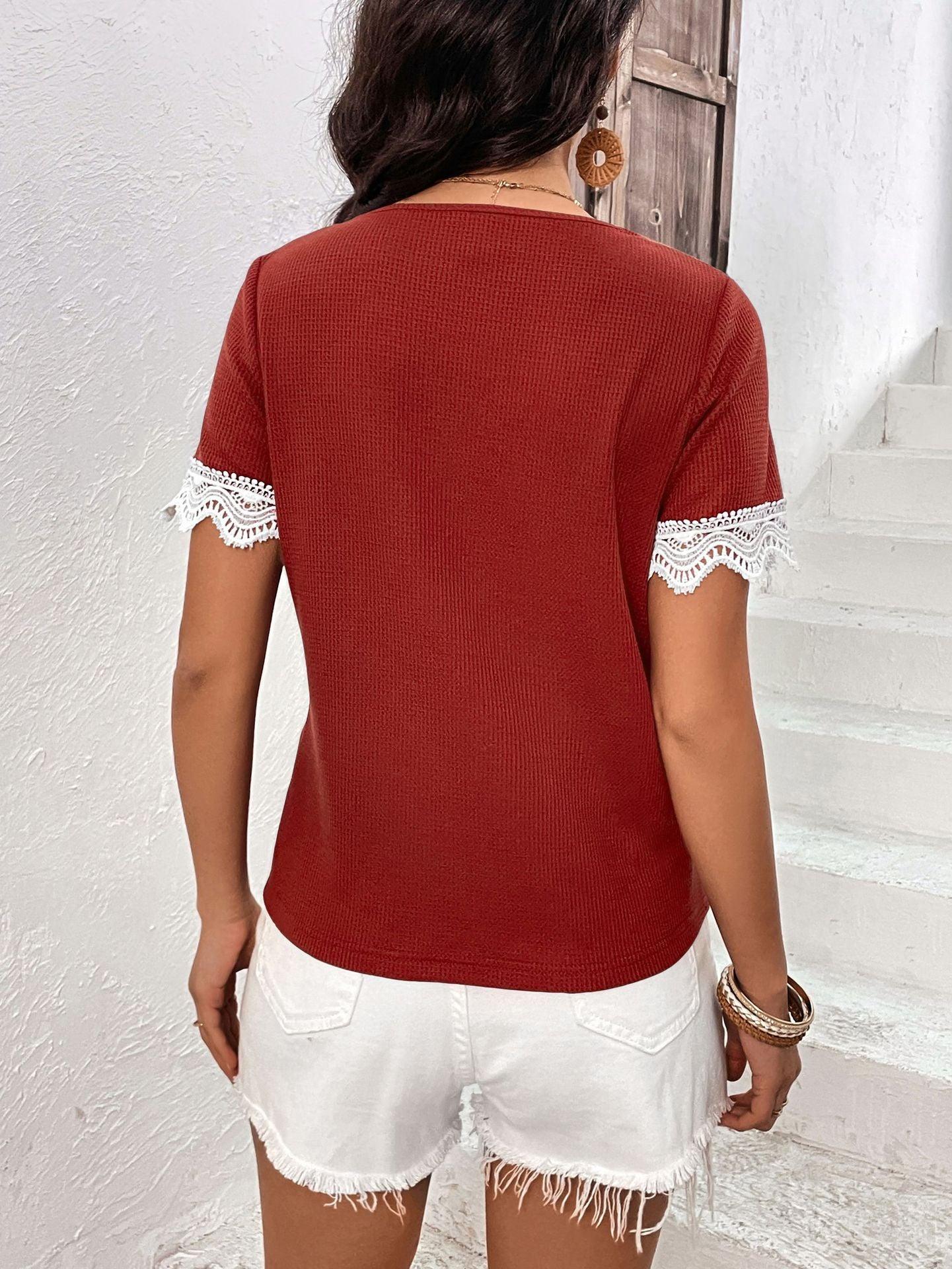 Ivy Lane Decorative Button Spliced Lace Short Sleeve Top