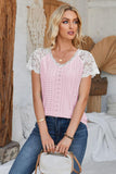 Eyelet V-Neck Lace Short Sleeve T-Shirt - PD SECRET REALM