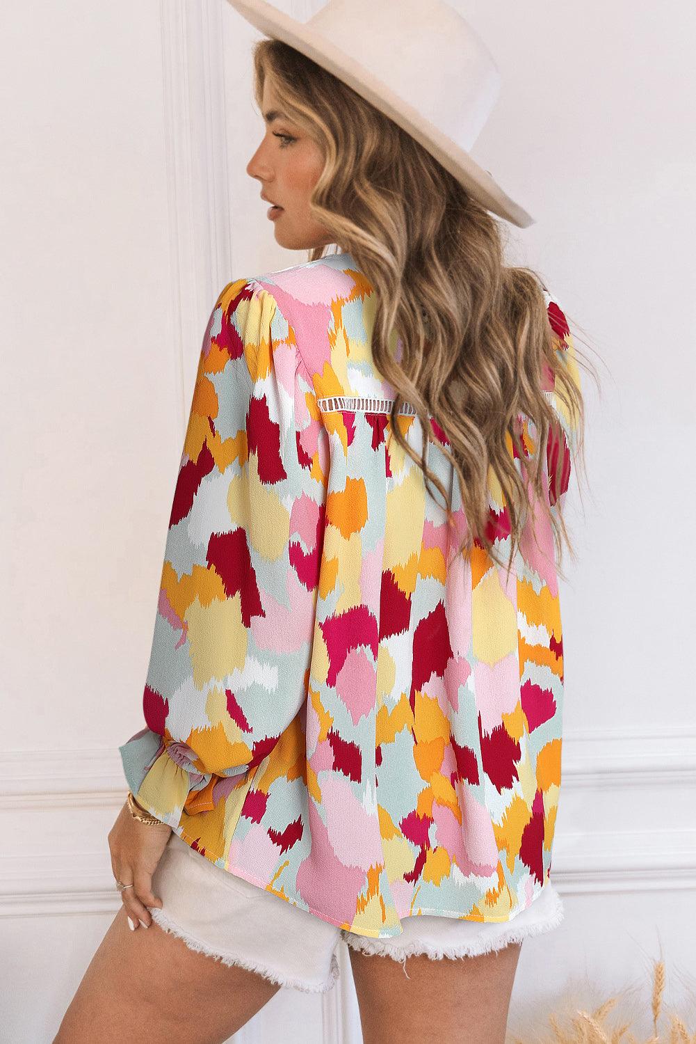 Printed Flounce Sleeve Buttoned Blouse - PD SECRET REALM