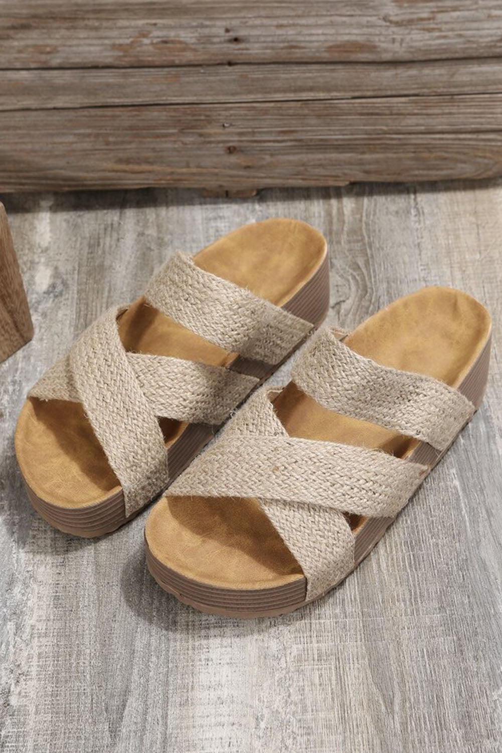 Beige Woven Criss Cross Strap Platform Slides Shoes