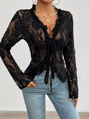 Tied V-Neck Long Sleeve Lace Top - PD SECRET REALM