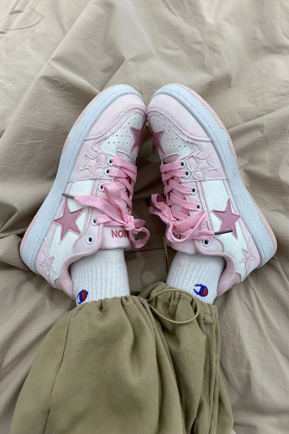 Pink Star Patch Color Block Lace-up Flat Sneakers