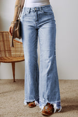 Blue Acid Wash Raw Hem High Waist Flared Jeans