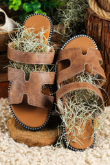 Brown Leather H Band Flat Slides Shoes