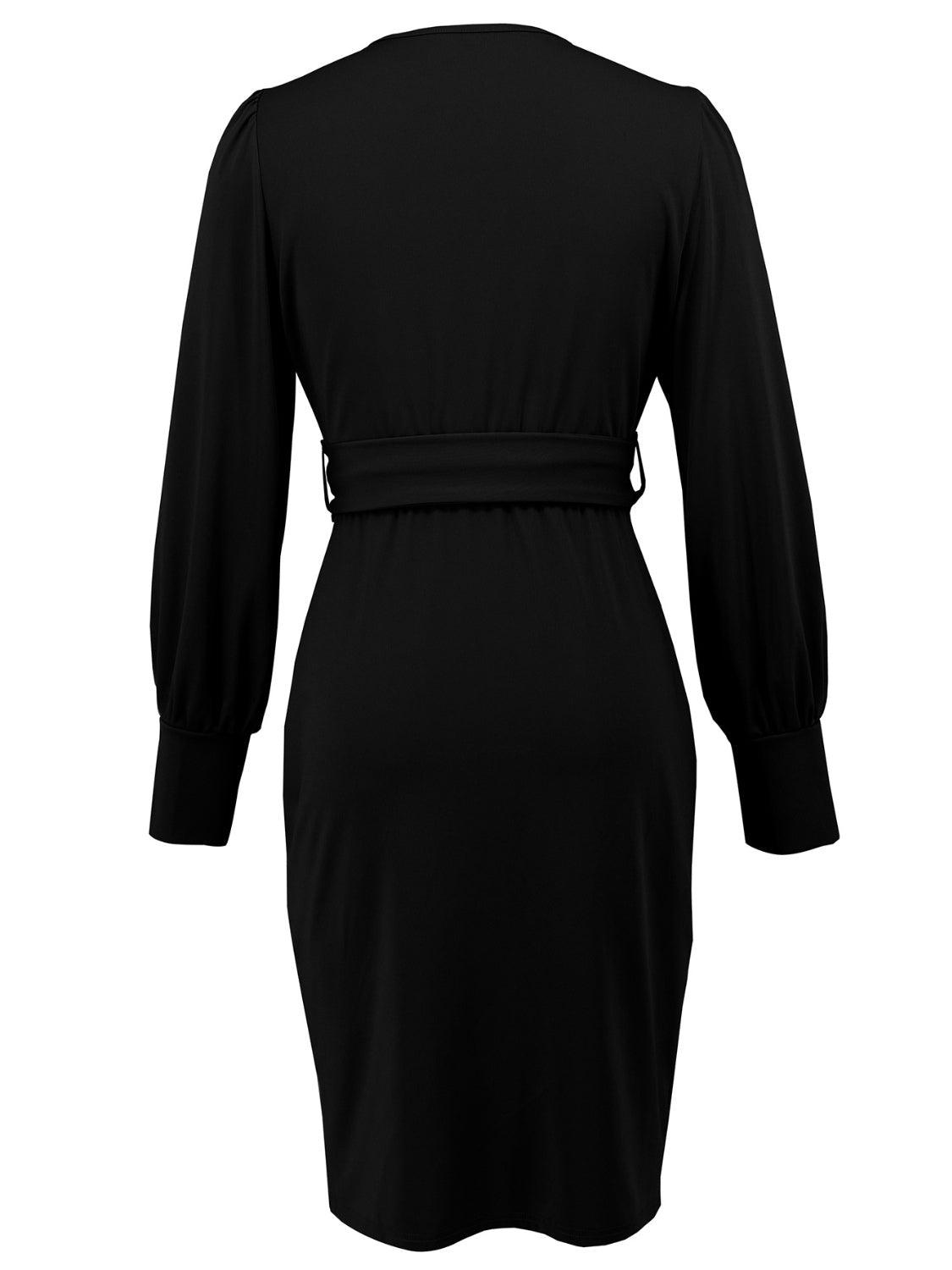 Slit V-Neck Long Sleeve Knee Length Dress - PD SECRET REALM