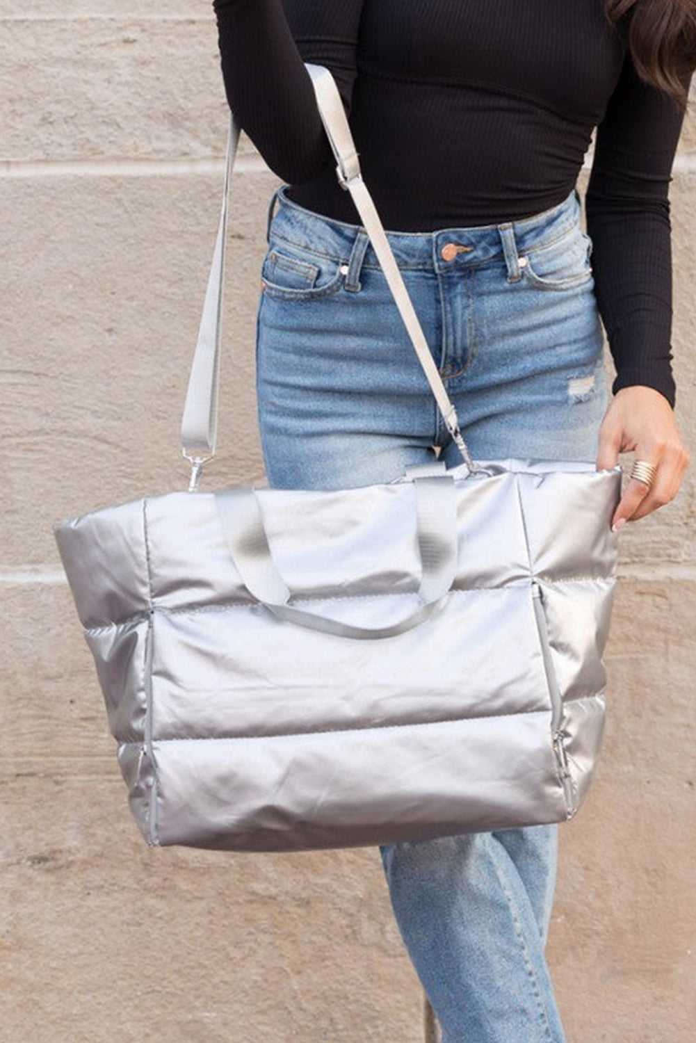 Silvery Solid Color Zipper Puffer Large Tote Bag