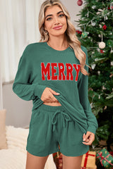 Evergreen Corded MERRY Long Sleeve Top and Shorts Pajama Set