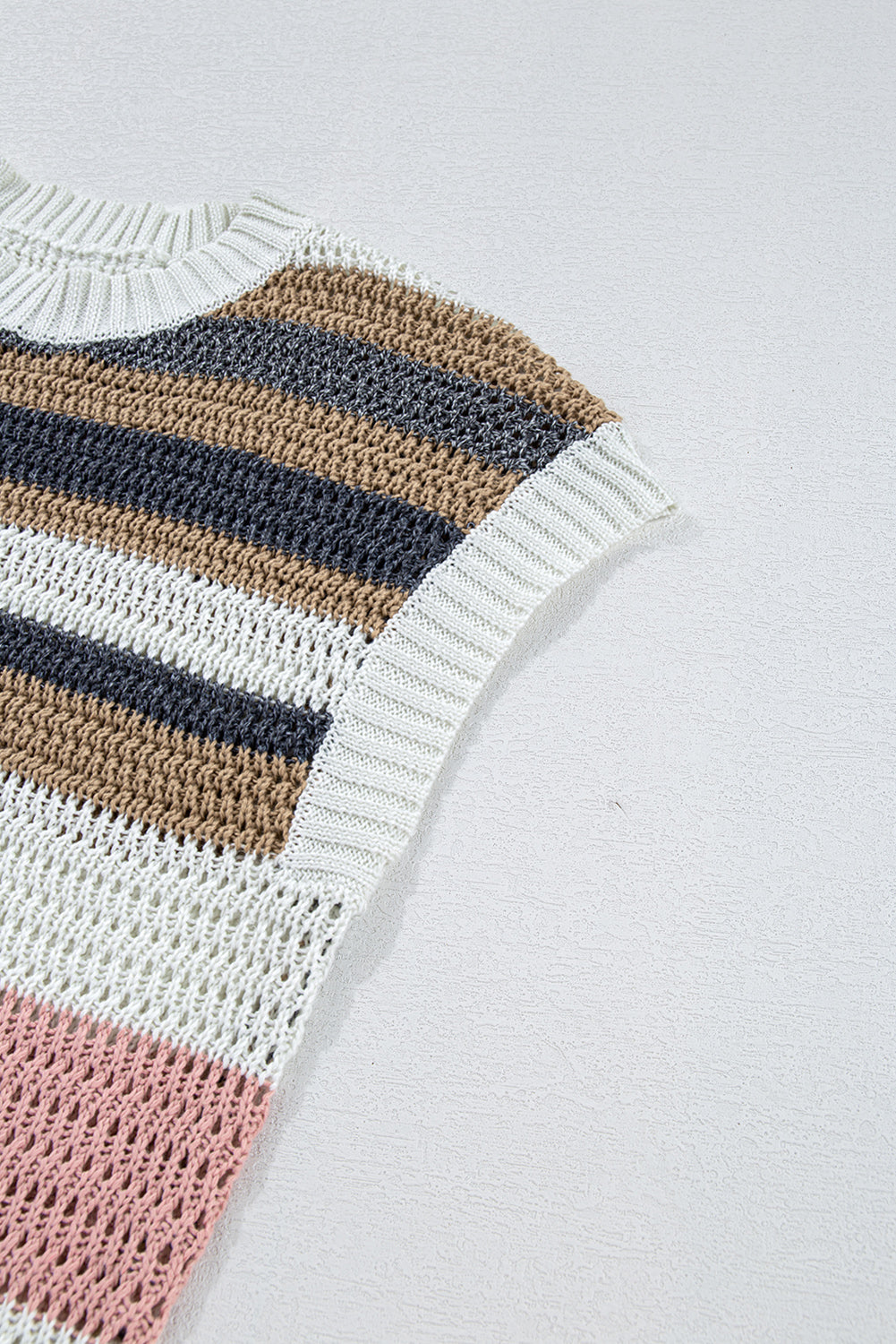 Pink Stripe Colorblock Eyelet Knit Short Sleeve Sweater Tee