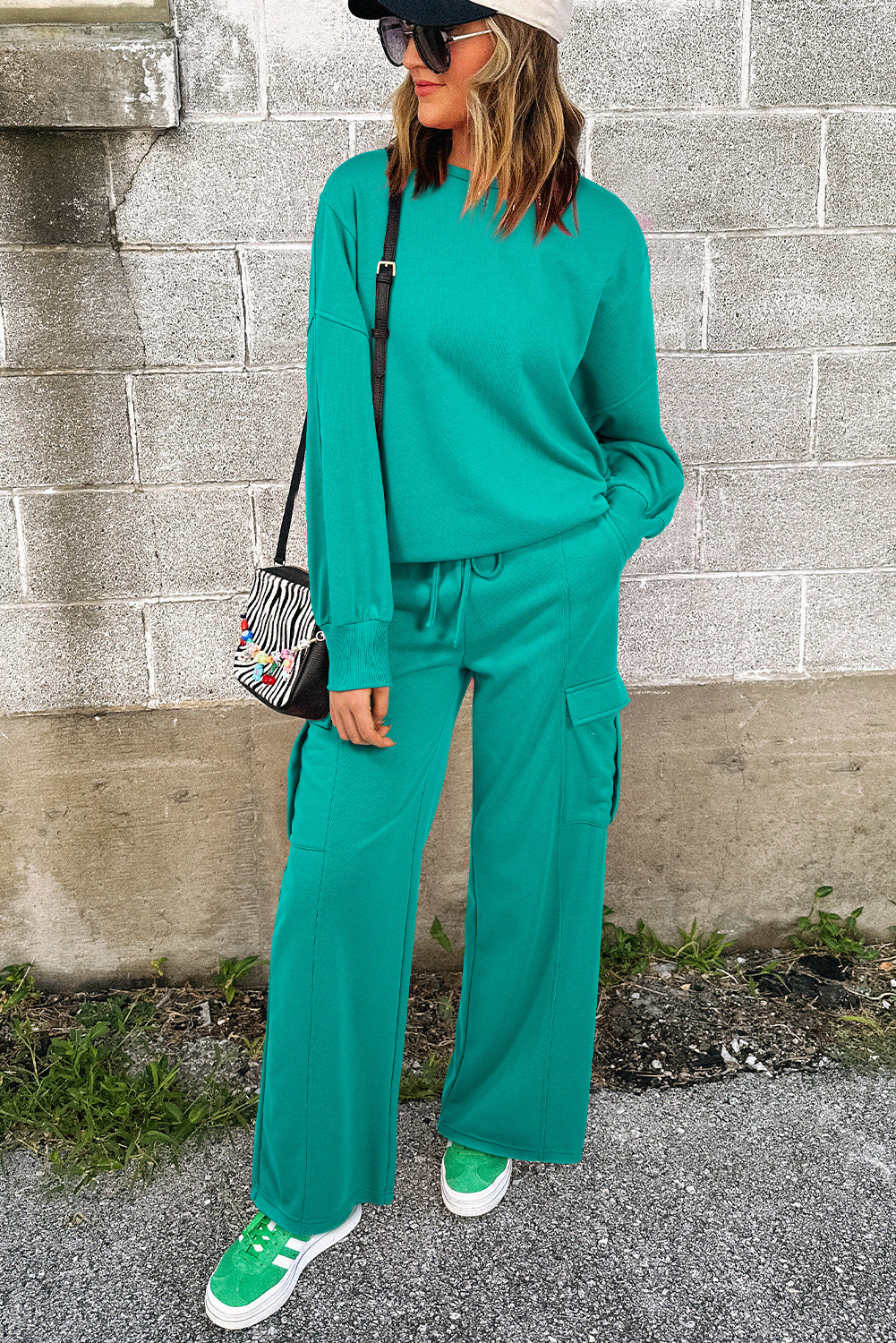 Lapis Mineral Wash Pullover and Wide Leg Cargo Pants Set