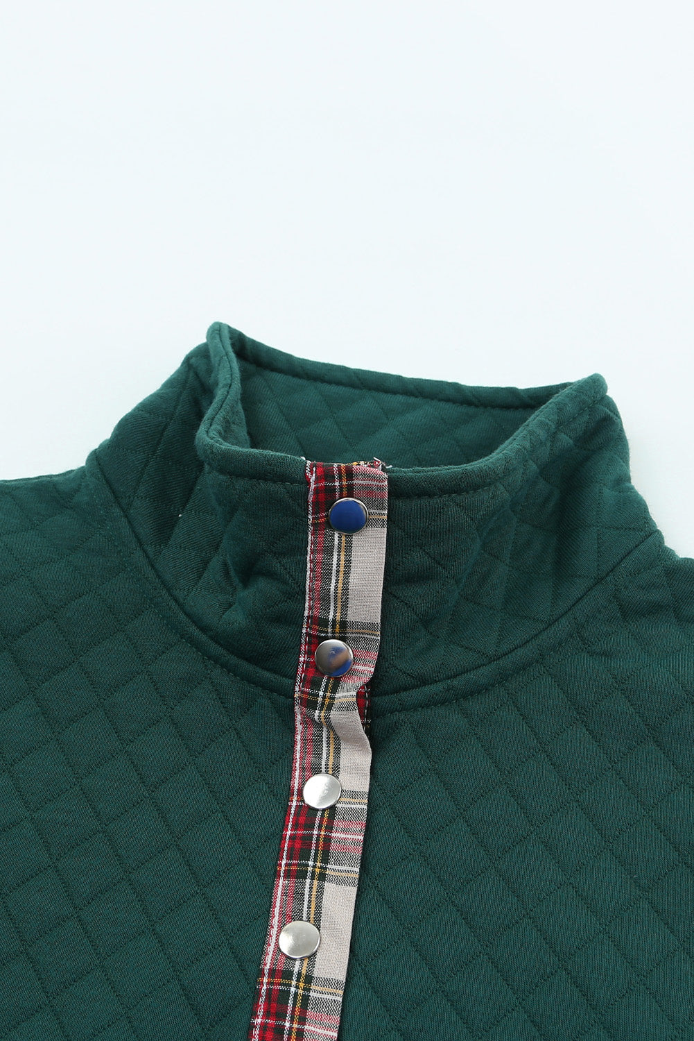 Green Plaid Geometric Texture Trim Buttons Neck Quilted Sweatshirt