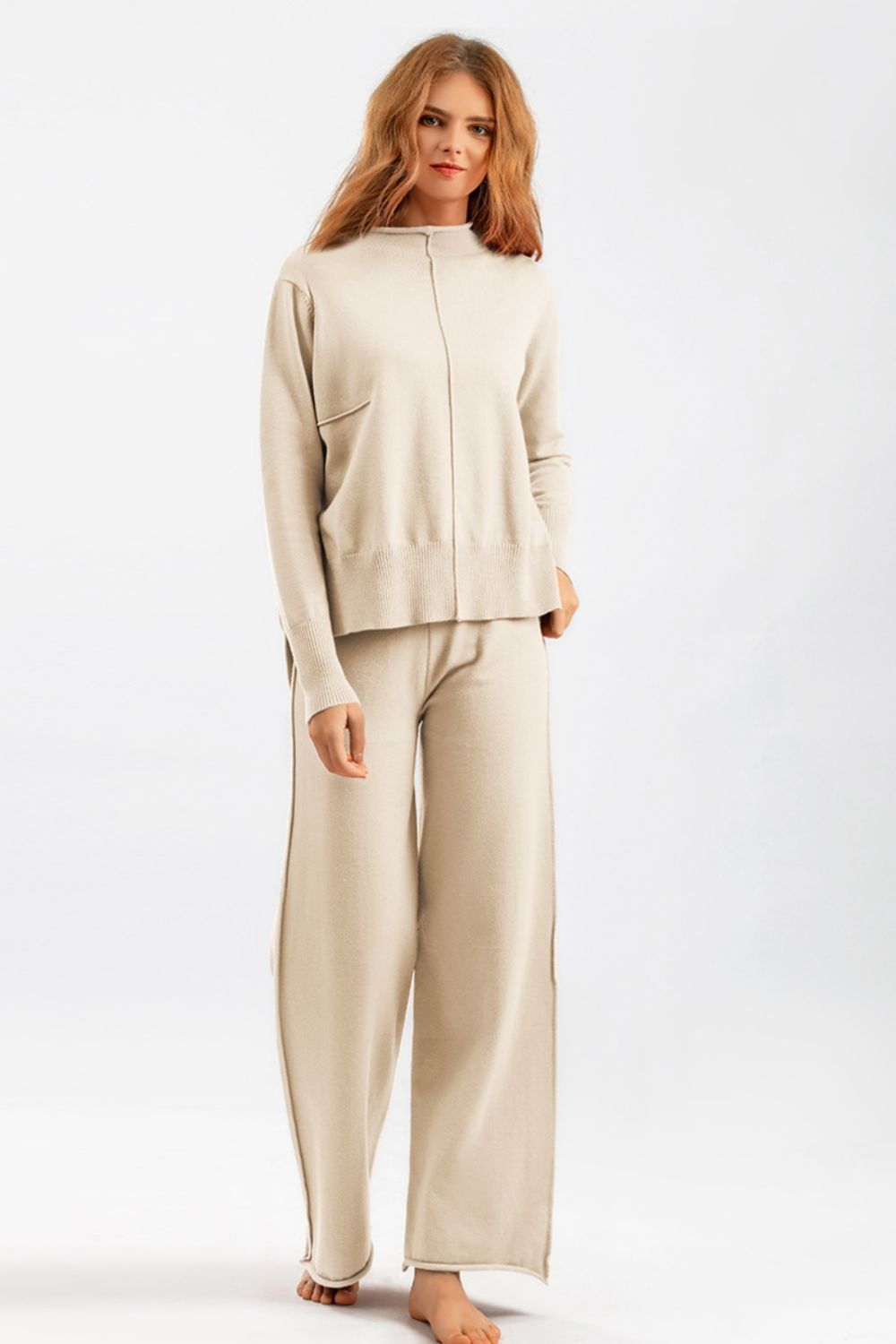 Mock Neck Long Sleeve Top and Pants Sweater Set