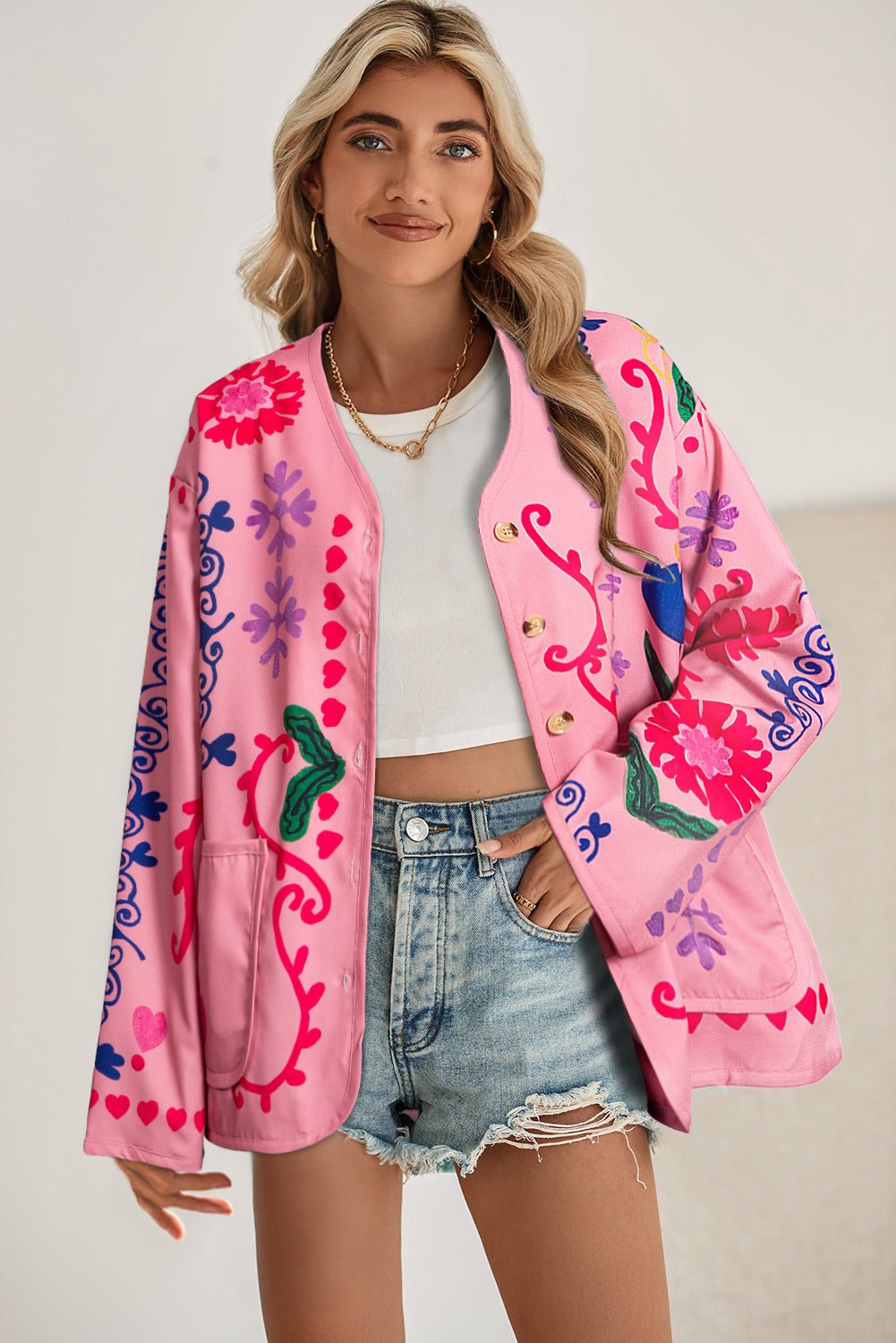 Pink Ethnic Floral Side Pockets Coat