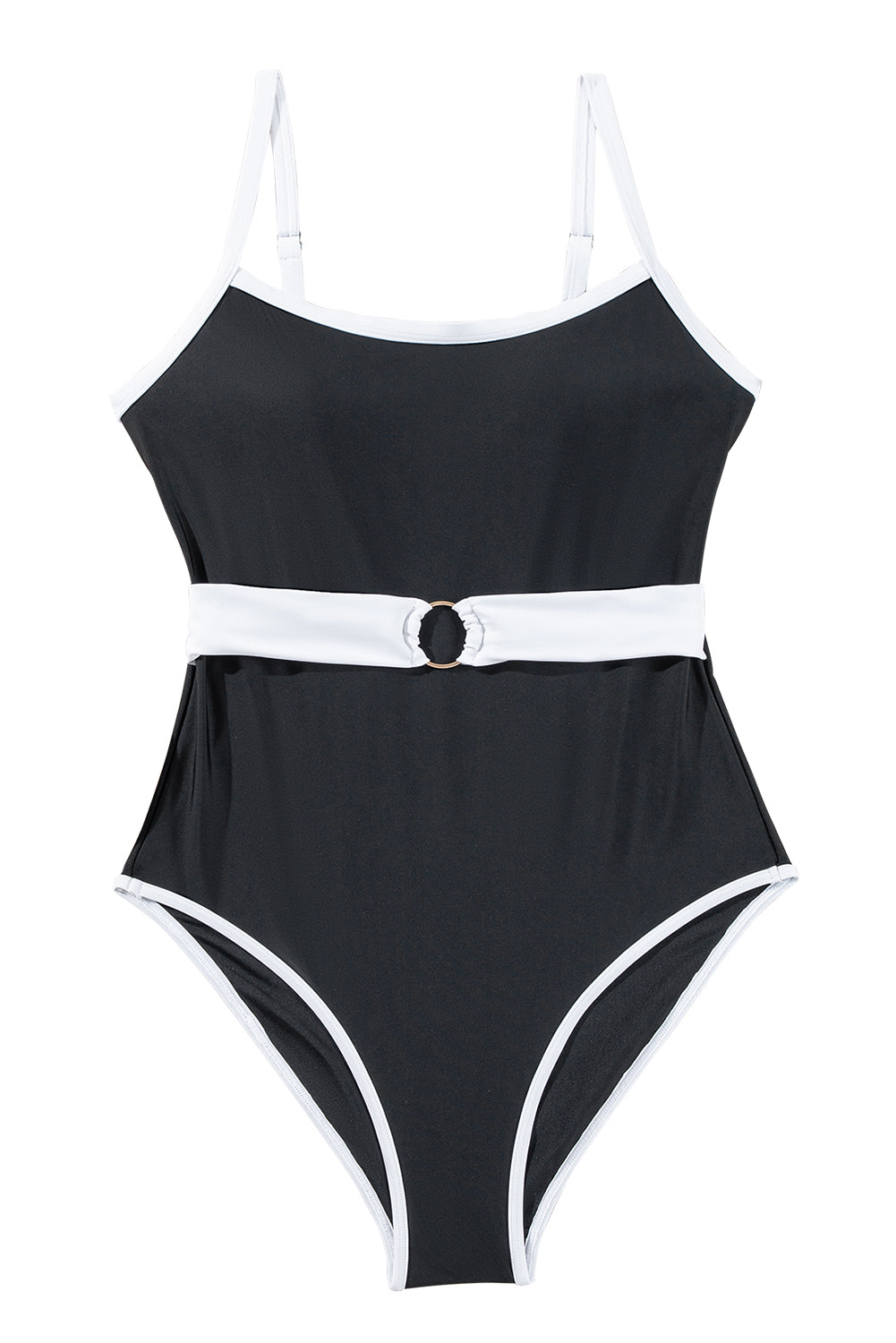 Black Contrast Trim Belted One Piece Swimsuit