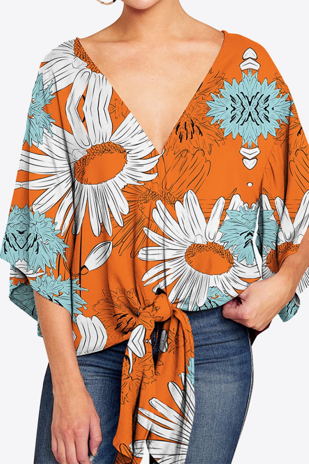 Shiny Printed Deep V Tie Hem Blouse