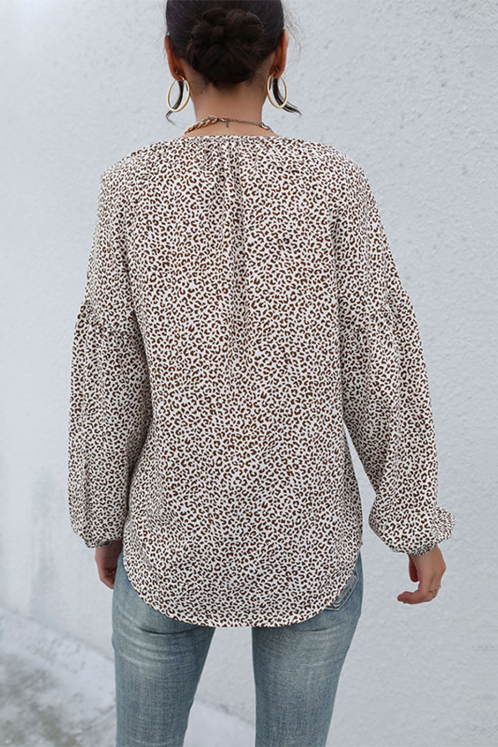 Perfee Leopard Print Tie Neck Blouse