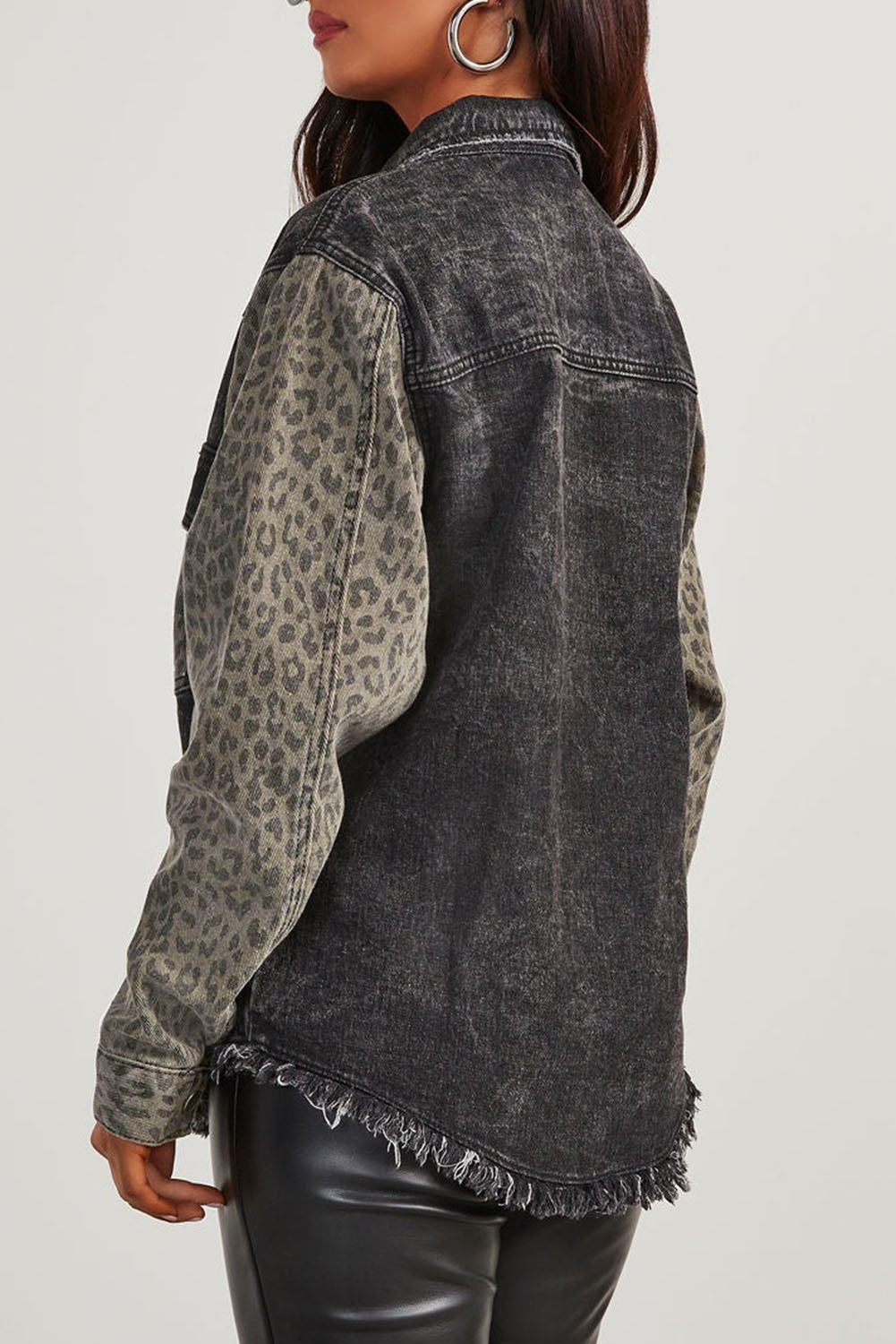 Black Leopard Patch Pocket Vintage Raw Hem Denim Jacket