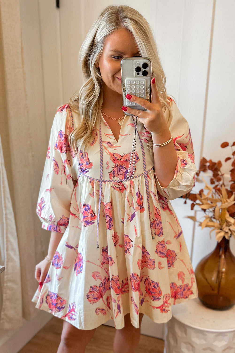 Pink Floral Print Balloon Sleeve V Neck Mini Dress