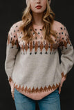 Geometric Contrast Round Neck Long Sleeve Sweater - PD SECRET REALM