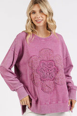 Mittoshop Flower Patch Side Slit Mineral Wash Round Neck Sweatshirt