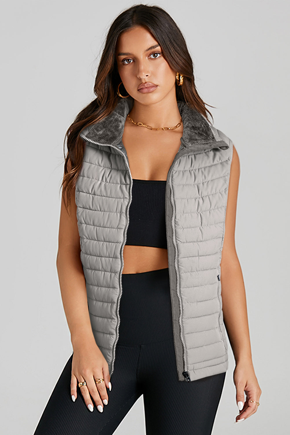 Burgundy Plush Collared Quilted Zipped Puffer Vest