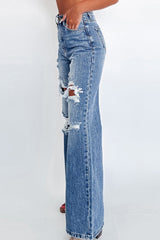 Blue Acid Wash Distressed Wide Leg High Waist Jeans