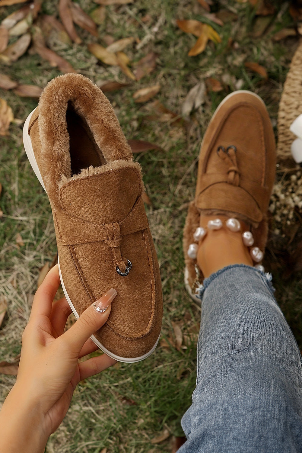 Chestnut Suede Furry Lined Slip On Flat Shoes