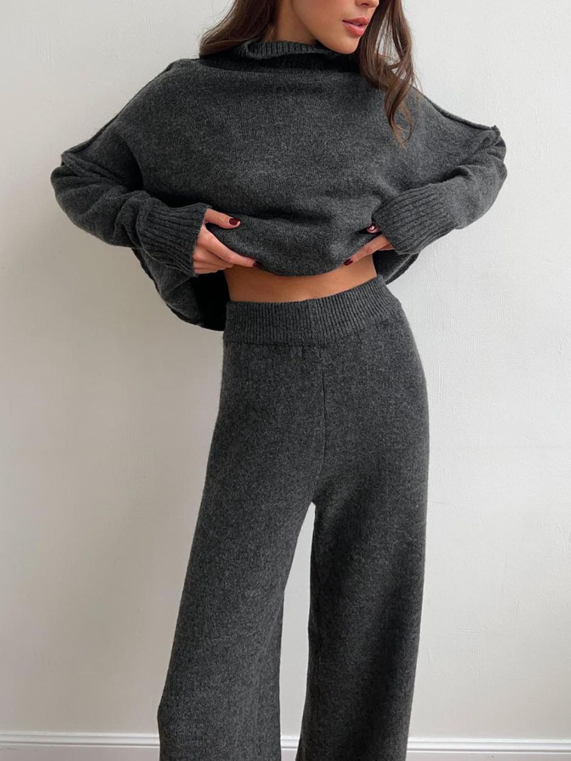 Slit Turtleneck Long Sleeve Top and Pants Sweater Set