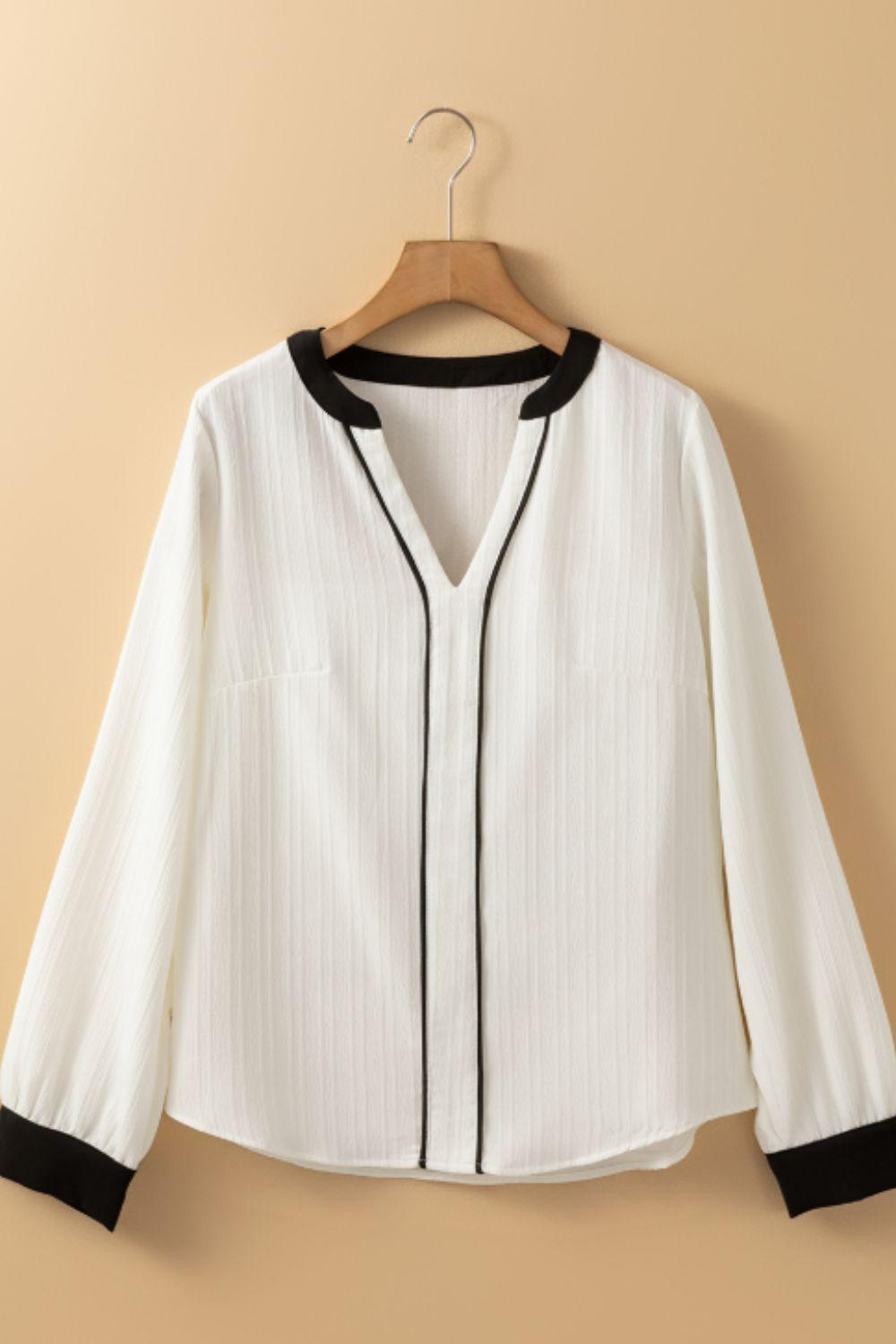 Contrast Notched Long Sleeve Blouse - PD SECRET REALM