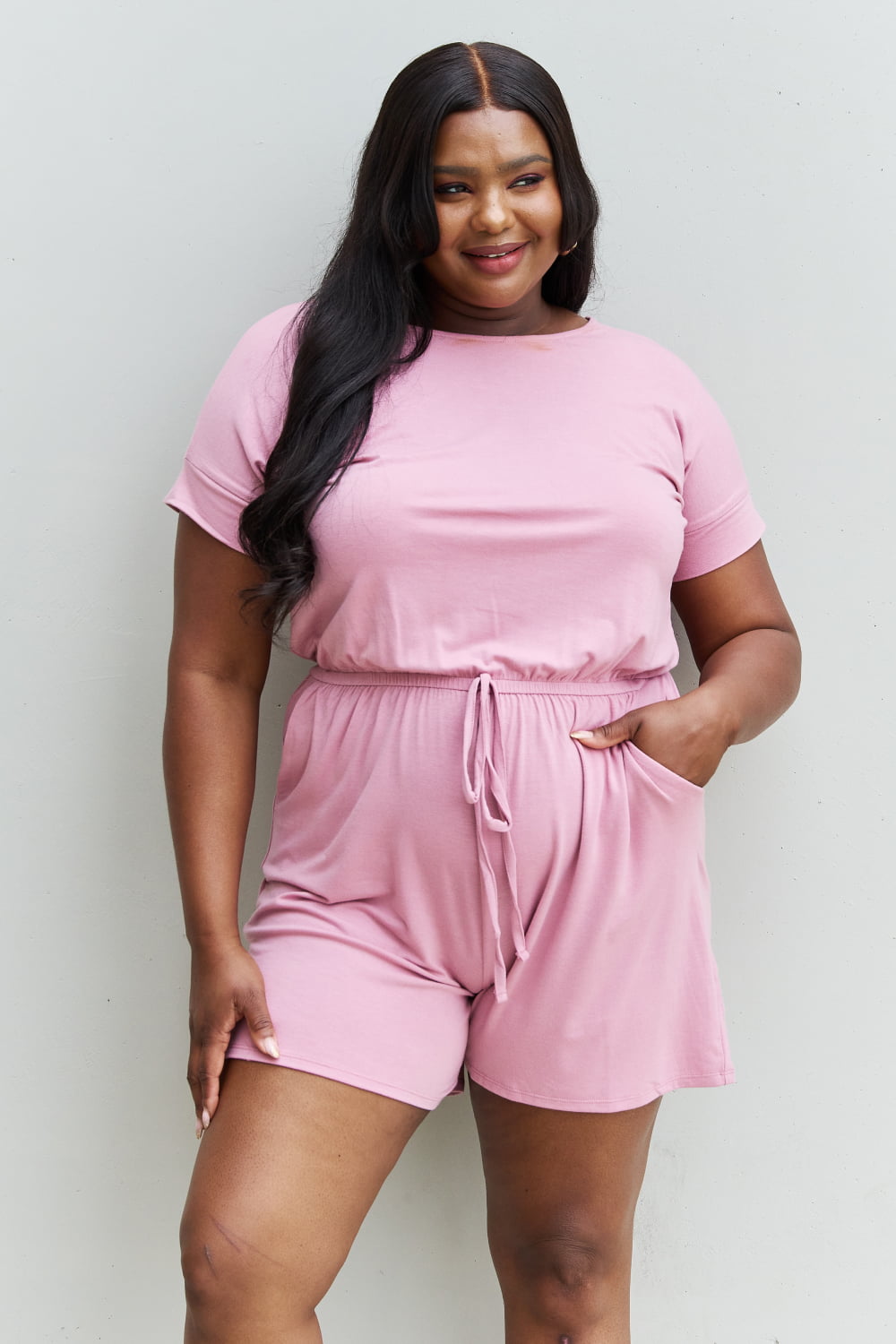 Zenana Chilled Out Full Size Short Sleeve Romper in Light Carnation Pink - PD SECRET REALM