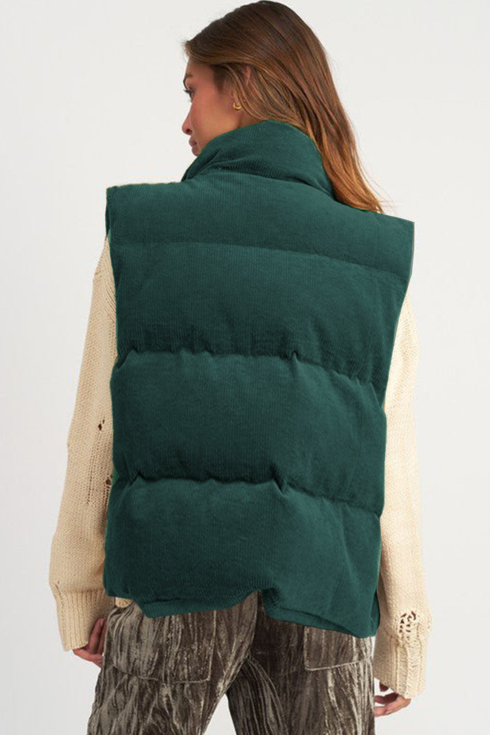 Coffee Solid Color Corduroy Puffer Vest Coat