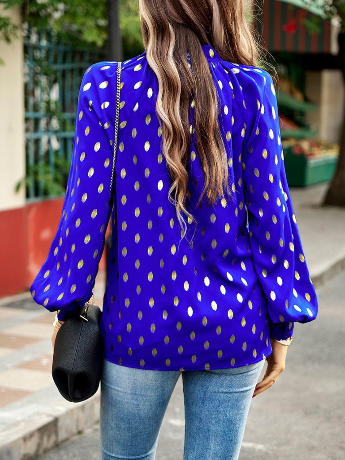 Devine Mock Neck Cutout Lantern Sleeve Blouse