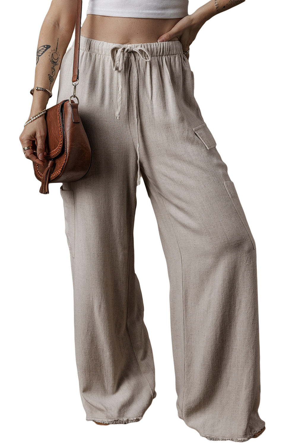 Beige Boho Linen Drawstring Waist Raw Edge Cargo Loose Pants