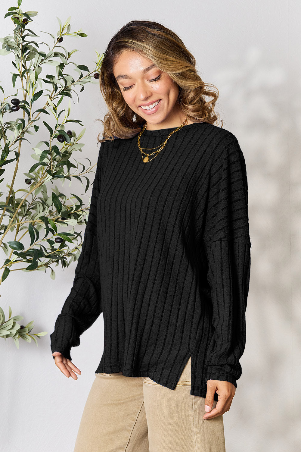 Full Size Ribbed Round Neck Slit Knit Top