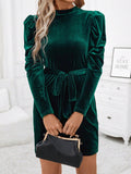 Mock Neck Tie Waist Puff Sleeve Mini Dress - PD SECRET REALM