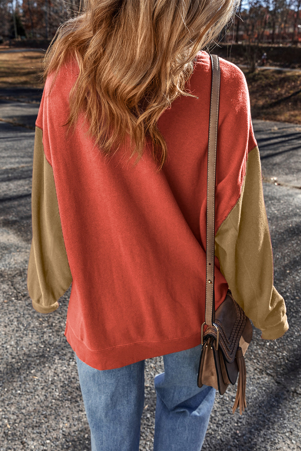 Mineral Red Two Tone Patchwork Drop Shoulder Pullover Sweatshirt