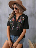 Embroidered Notched Short Sleeve T-Shirt - PD SECRET REALM